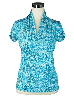 #ad PREMISE STUDIO Blue White Floral Stretch Short Sleeve Top Size Small NWOT
