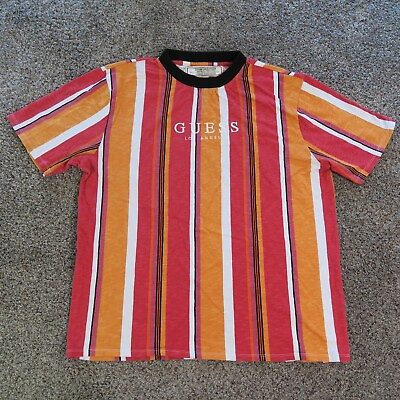 #ad Vintage Guess Shirt Mens Large Orange Striped Tee Embroidered Logo Originals