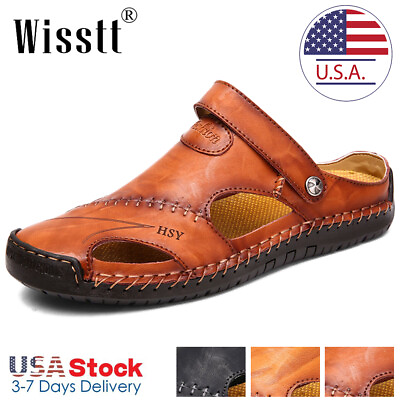 #ad Mens Leather Sandals Water Shoes Summer Closed Toe Fisherman Beach Slippers Size $25.99