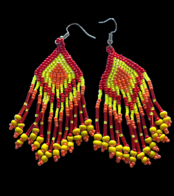 #ad Fashion Seed Bead Earrings long dangling strands yellow orange red