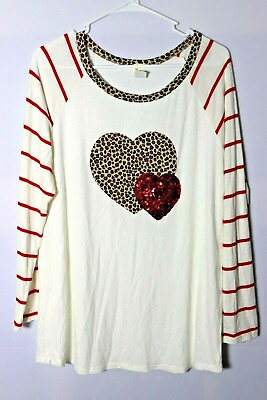 #ad 7th Ray womens long sleeve white red striped blouse cheetah print heart Large