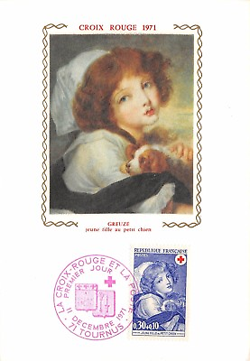 #ad France Cross Red Greuze Young Fille To Small Dog 1971 Card Premier Day