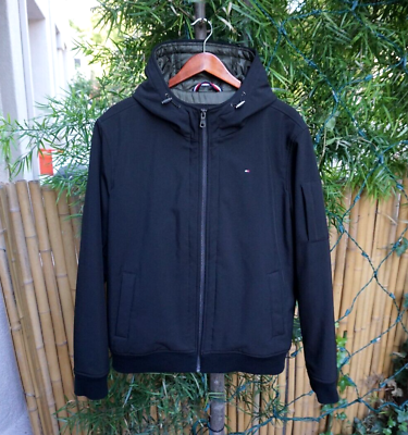 #ad Men#x27;s TOMMY HILFIGER Weather Resistant Black Hooded Coat Sz L Retail $298