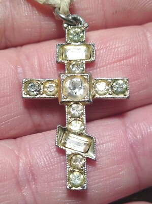 #ad Very Vintage ANTIQUE? Paste Rhinestone Cross Baguettes and Round Pendant