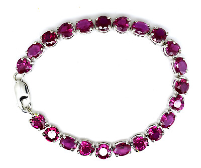 #ad 70.90 Cts Natural Red Ruby Mix Shape 925 Sterling Silver Bracelet 7.9 Inches