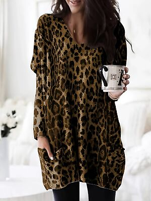 #ad Womens Leopard Long Sleeve Pullover Tops Casual Round Neck Tunic Blouses T shirt