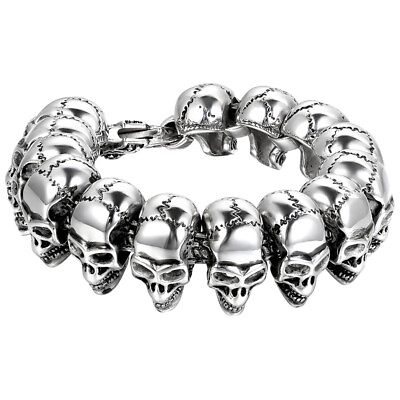 #ad Fashion Huge Heavy Skull Biker Men#x27;s Link Stainless Steel Cuff Bangle Bracelet