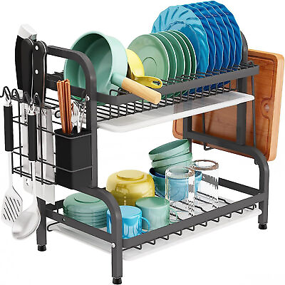 #ad 2 Tier Dish Drainer Rack With Drip Tray Kitchen Drying Rack Bowl Plate Holder UK