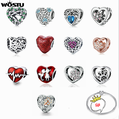 #ad Wostu S925 Sterling Silver Red Love Heart CZ Bracelet Charm Beads Women Gift