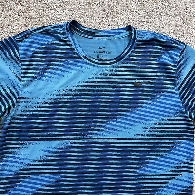 #ad Nike Tee Athletic Shirt Mens Medium Dri Fit Striped Short Sleeve Blue