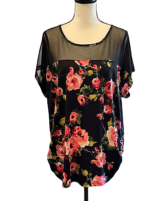 #ad Love J Womens Sheer Blouse Size 3X Black Floral Print Roush Sides Short Sleeve
