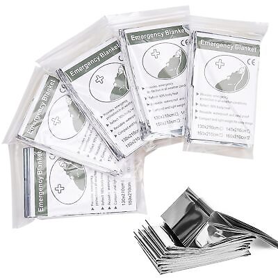 #ad 5 Pcs Safe Emergency Mylar Thermal Blankets Size: 84quot; L x 63quot; W Silver Foil S...