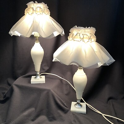 #ad Pair Vintage 20quot; White Glass Diamond Pattern Boudoir Night Table Lamps w Shades