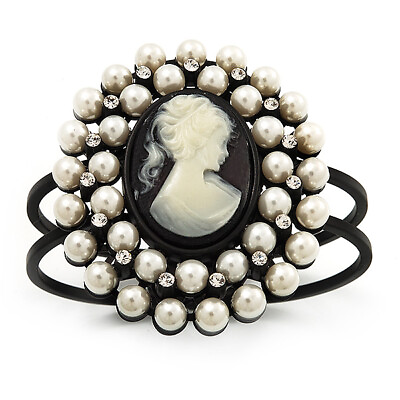 #ad Large Simulated Pearl #x27;Classic Cameo#x27; Hinged Bangle Bracelet In Black Metal