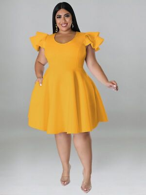 #ad Plus Size Dresses for Women Elegant Party Solid Ruffles Sleeve Big Hem Dress