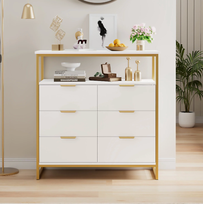 #ad 6 Drawer Dresser Mid Century Modern White Gold Chest of Drawers Shelf Storage