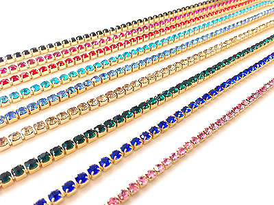 #ad 1m Diamante Rhinestone Crystal Colour Chain Trim Lace Gold Base A Quality