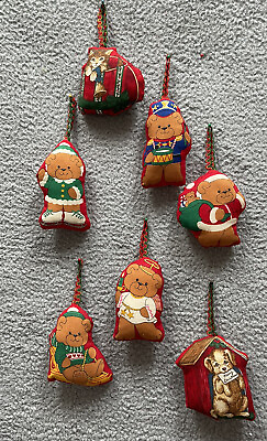 #ad Vintage Christmas Ornaments Quilted Lot 7 Bears Cat Dogs Handmade and Hangers 4”