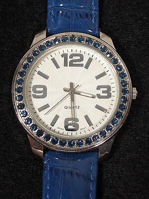 #ad Womens Blue Leather Band Silver Tone Crystal Accent Watch
