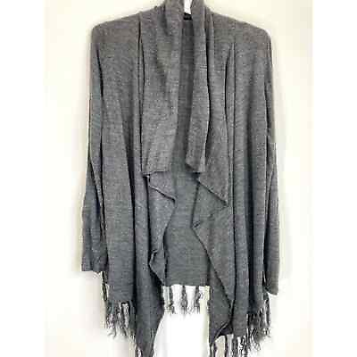 #ad Heathered Gray Open Front Asymmetrical Fringed Waterfall Cardigan Sweater Womens