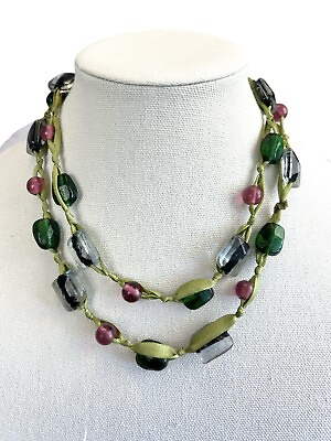 #ad Women’s Long Green Pink Black Clear Glass Beaded Necklace Knotted Ribbon 18”