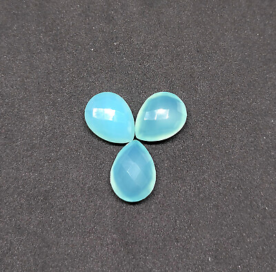 #ad 3 PC Natural Aqua Blue Chalcedony Pear Checker Faceted GemstoneJewelry Supplies $8.96
