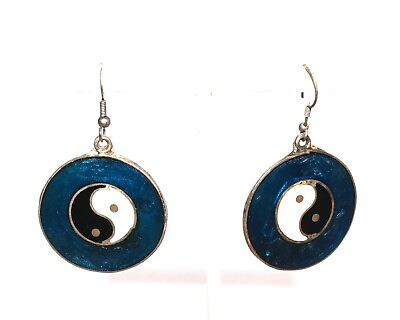 #ad Mexican Ying Yang Black White Blue Enameled Pierced Drop Earrings 8.41 Grams