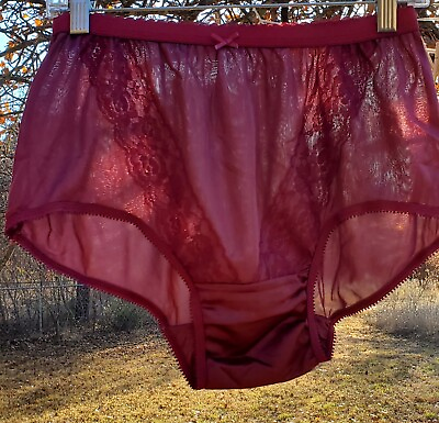 #ad Double Nylon Gusset LACE Sissy Panty Slippery 8 XL Crimson RED Sheer Granny