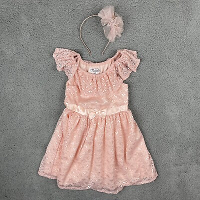 #ad Nannette Lace Dress Girls 4T Pink Gold Hearts Lined Round Neck Peasant Belted