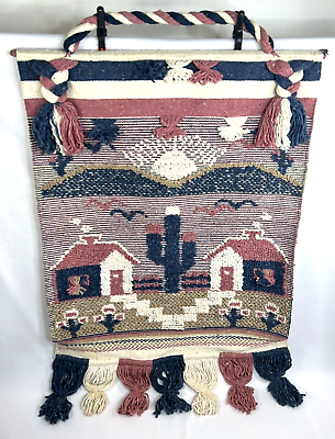 #ad Vintage Southwestern Woven Tapestry Peublo Cactus Large Wall Hanging 50x33 Boho