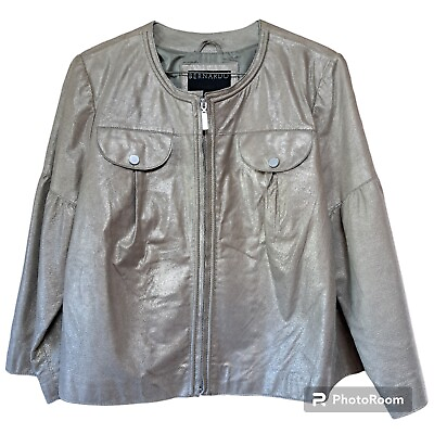 #ad Bernardo Collarless Zip Up Bronze Silver Leather Jacket Sz Large Good Condition