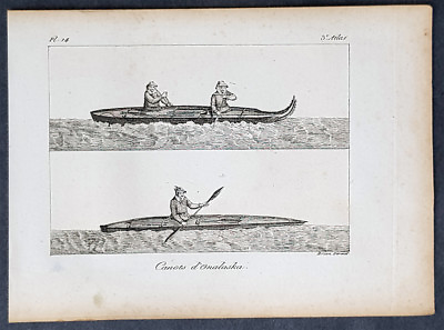 #ad 1817 James Cook Antique Print Alaska Natives in Canoes in Prince William Sound