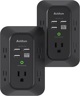 #ad 2 PACK USB Wall Charger Surge Protector 5 Outlet Extender 4 USB Charging Ports