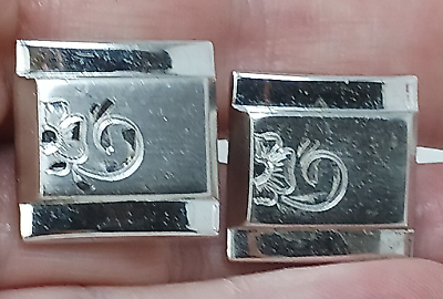 #ad Silver Cufflinks Stainless Steel Etched Engraved Flower Square Vintage #J6Y