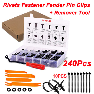 #ad 240Pcs Plastic Rivets Fastener Fender Bumper Push Pin Clips Free Remover Tool