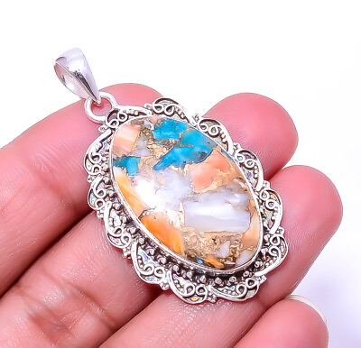 #ad Copper Spiny Oyster Arizona Turquoise Fine Art 925 Silver Pendant 1.95quot; P41
