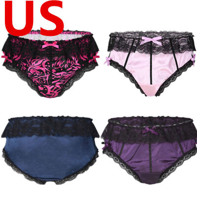 #ad US Mens Underwear Low Waist Lace Satin Bikini Briefs Sissy Crossdressing Pajamas $5.05