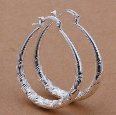 #ad Women’s Silver Plated Oval Etched Hoop Pierced 1 1.5 Inch Earrings