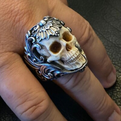 #ad skull Head Stainless Steel Hollow Vintage free size adjustable opening Ring