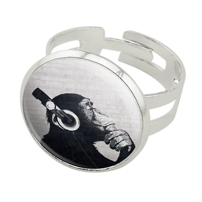 #ad Headphone Chimp Monkey Wall Silver Plated Adjustable Novelty Ring $4.99