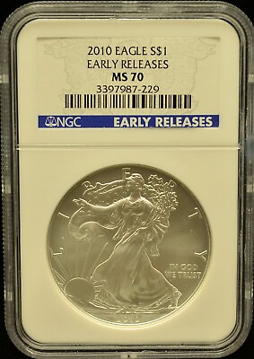 #ad NGC MS 70 Cert 2010 Silver Eagle Dollar .999 Silver #J070