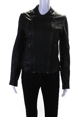 #ad Maje Womens Leather Double Zipper Round Neck Long Sleeve Jacket Black Size 40