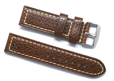 #ad 22mm Brown Oily Calf Leather Contrast Stitch Cut edge Replacement Watch Strap