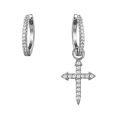 #ad Asymmetric Religion Hoop Dangle Earrings Cross Pendant with Clear Cubic Zirconia