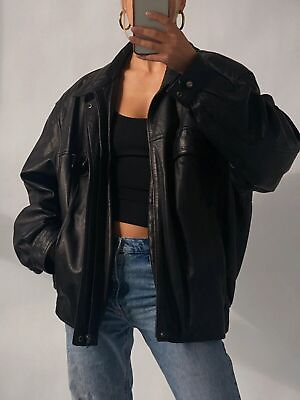 #ad Women Oversize 90#x27;s Motorcycle Black Vintage Style Bomber Leather Jacket