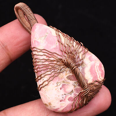 #ad Rhodochrosite Tree Of Life Gemstone Copper Wire Wrapped Handmade Pendant 1.97quot;