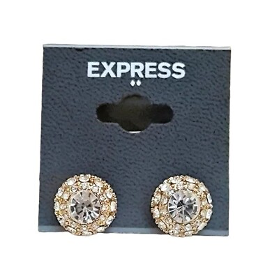 #ad Express Brilliant Rhinestone Gold Tone Stud Earrings NWT