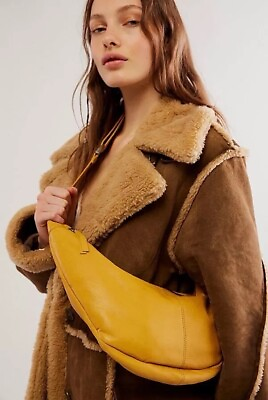 #ad Free People Idle Hands Handmade Leather Crescent Sling Bag Yellow Gold NWT $98