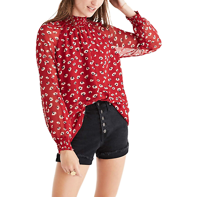 #ad NWT Madewell Mistlight Mockneck Red Seattle Floral Long Sleeve Top S