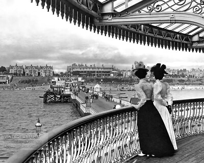 #ad Vintage 1880 Two Women on Clacton Pier Photo Print Clacton on Sea Great Britai